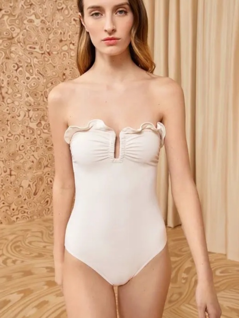 Ulla Johnson Cream Strapless Ruffle One-Piece Bathing Suit